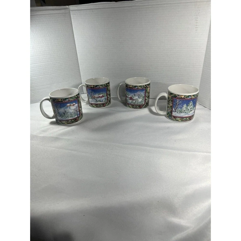Vintage Sakura Christmas Scene Mugs by Sue Zipkin – Set of 4 (1995)